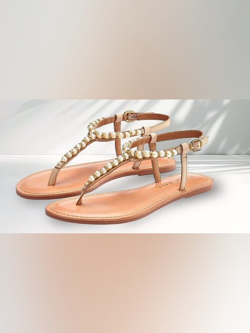 Pearl-Trimmed Tan T-Strap Sandals with Adjustable Ankle